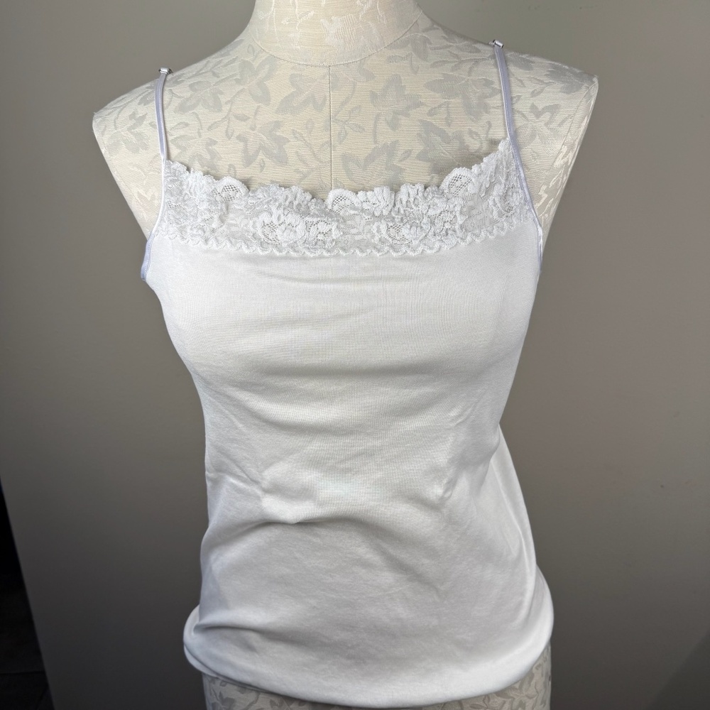 New White Hanro Of Switzerland Lace Trim Cotton Camisole L